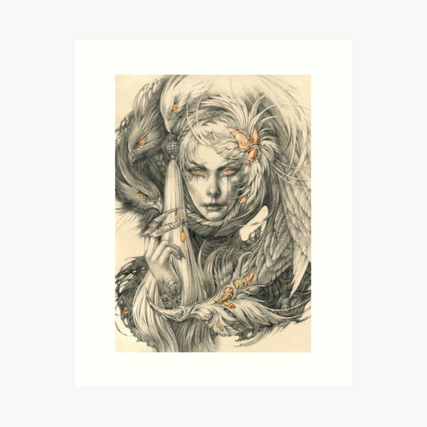Lady with hawks and amber jewelry Art Print