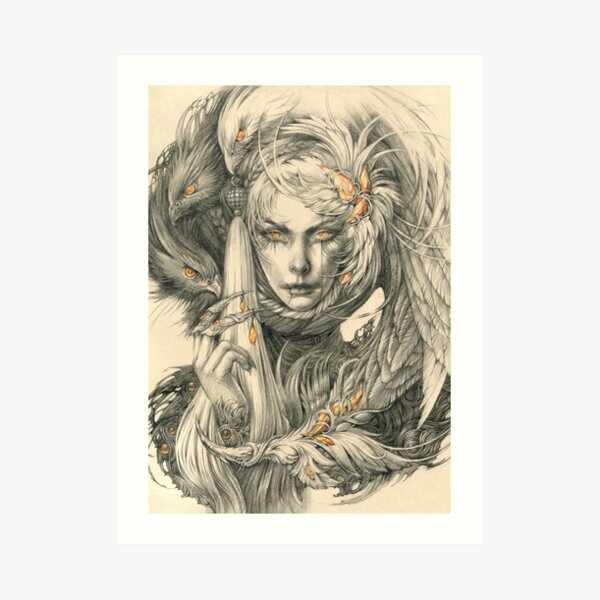 Lady with hawks and amber jewelry Art Print