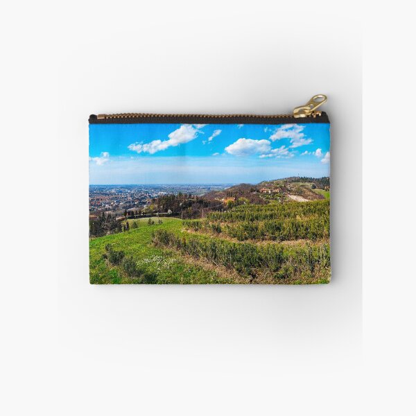 Item preview, panoramic view hills Bologna italy city in colorful bright spring day with basilica of San Luca horizontal background designed and sold by fineartitalia.