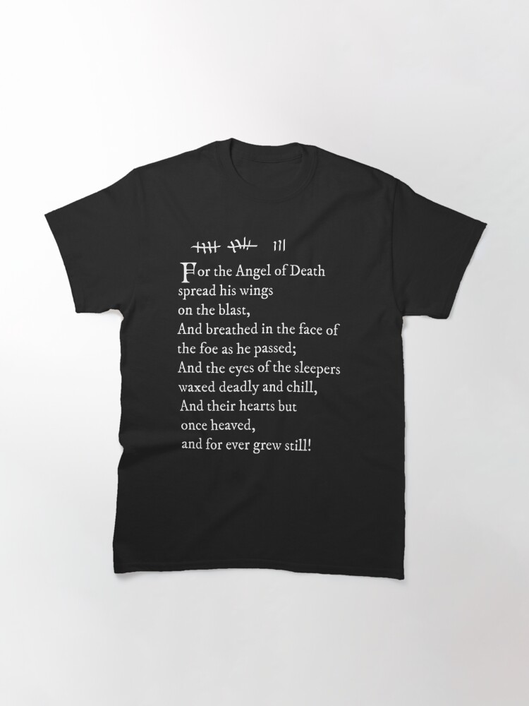 "Archer Pam's tattoo (Lord Byron poem) white text" Tshirt by