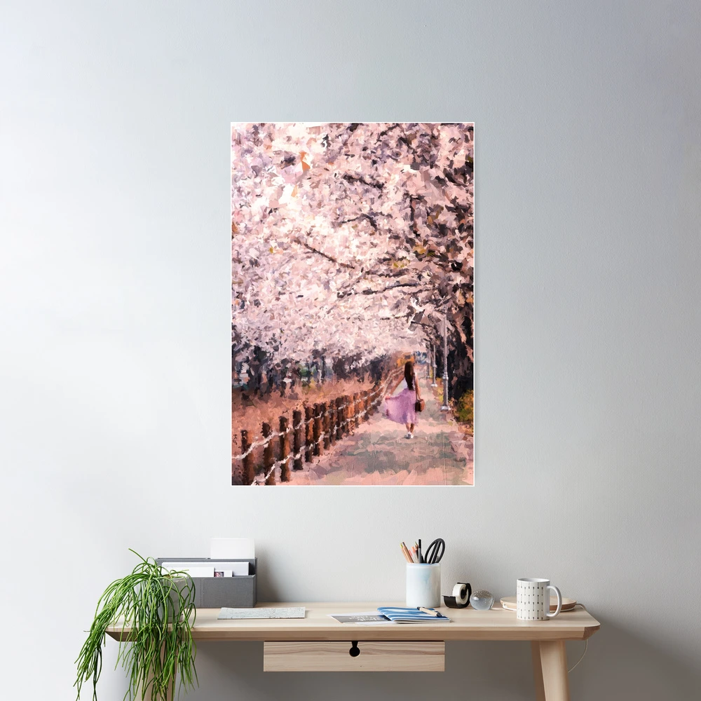 Spring view with Cherry Blossom road in Japan- oil painting style