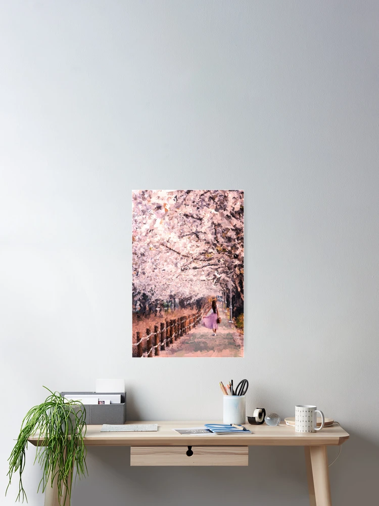 Spring view with Cherry Blossom road in Japan- oil painting style