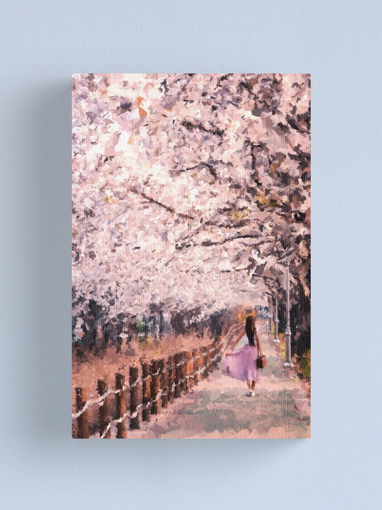 Spring view with Cherry Blossom road in Japan- oil painting style