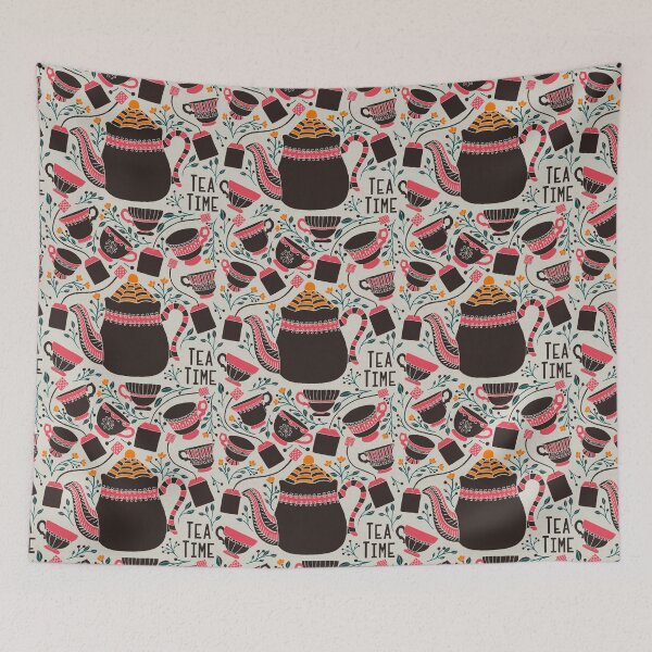 Item preview, Tea Time | Folk tea pot and cups | Neon Pink Color Palette designed and sold by CarolFreire.