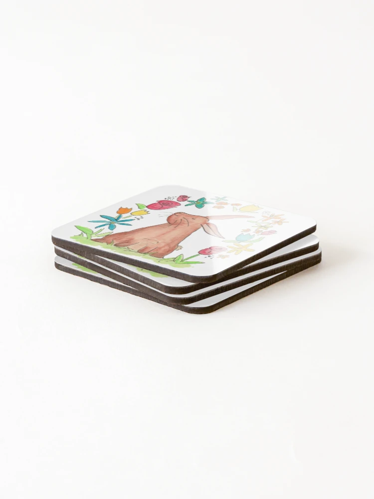 Thumbnail 4 of 5, Coasters (Set of 4), Springtime Rabbit Watercolor designed and sold by KKDrawsALot.