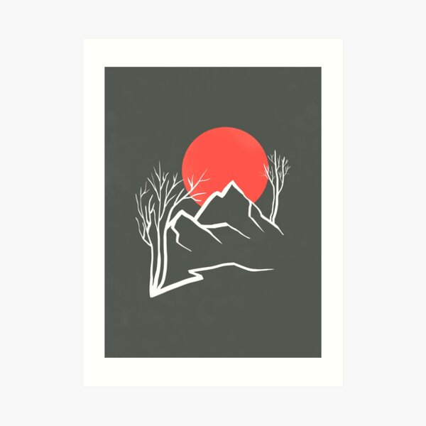 Minimalist line art landscape with a red sun, mountains and trees, lines and shapes abstract sunset illustration Art Print