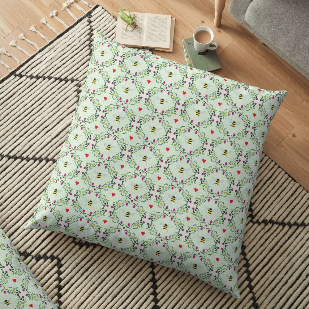 ditsy floral bee pattern Floor Pillow