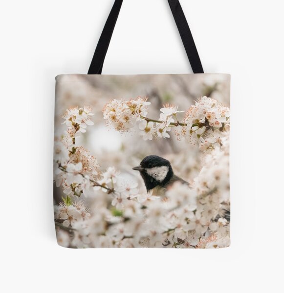 A springtime bird in cherry blossom All Over Print Tote Bag