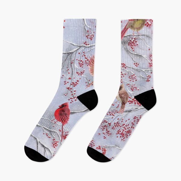 Item preview, cardinal birds on a winter tree with red berries designed and sold by Rebecca Reck Art.