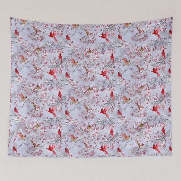 Item preview, cardinal birds on a winter tree with red berries designed and sold by Rebecca Reck Art.