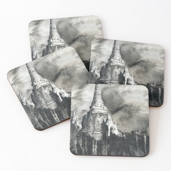 Item preview, Wat Phra Si Sanphet ruins at Ayutthaya, Thailand.  Ruins of temple at Ayutthaya black white watercolor artwork Thailand designed and sold by rfoxphoto.