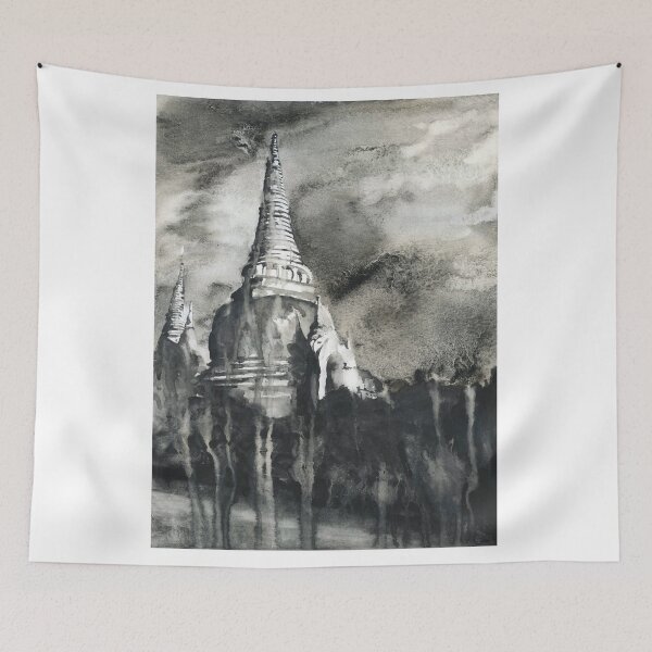 Item preview, Wat Phra Si Sanphet ruins at Ayutthaya, Thailand.  Ruins of temple at Ayutthaya black white watercolor artwork Thailand designed and sold by rfoxphoto.