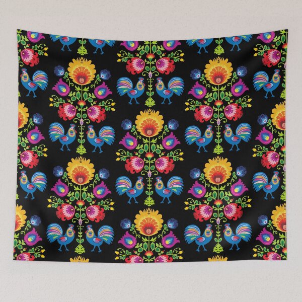 Item preview, Folk composition with flowers and roosters - wycinanki on black designed and sold by FK-UK.
