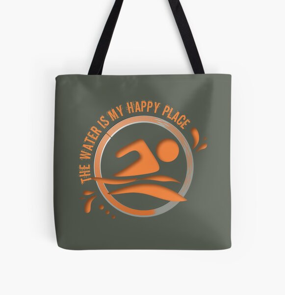 Wild open water swimming, winter bathers. The Water is my Happy Place for swimmer swim lovers. Caroline Laursen Original All Over Print Tote Bag