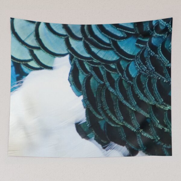 Item preview, Lady Amherst Pheasant 2. Primer plano: plumas, plumaje. Azul, negro, blanco. designed and sold by JellyBeenzz.