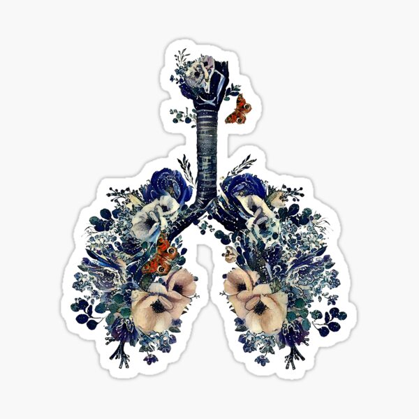 Lungs with wild flowers and splashes of water, waves, watercolor shades of blue and sand Sticker