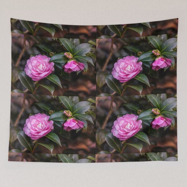 Item preview, Pink camellia flower, with branches and leaves in the background. designed and sold by AylaHarbich.