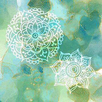 Artwork thumbnail, Blue Green Mandalas on Abstract Alcohol Ink Art with Gold by Julie Erin Designs