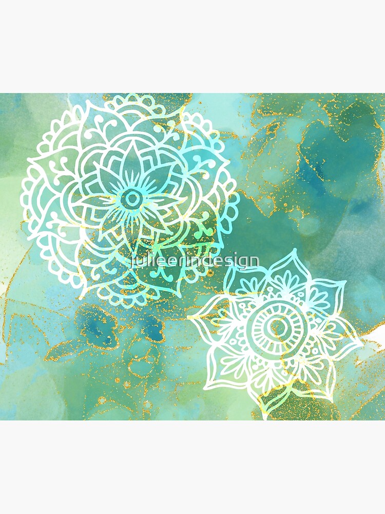 Thumbnail 3 of 3, Tapestry, Blue Green Mandalas on Abstract Alcohol Ink Art with Gold designed and sold by julieerindesign.