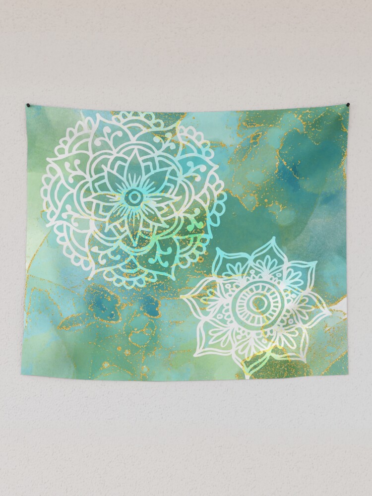 Thumbnail 2 of 3, Tapestry, Blue Green Mandalas on Abstract Alcohol Ink Art with Gold designed and sold by julieerindesign.