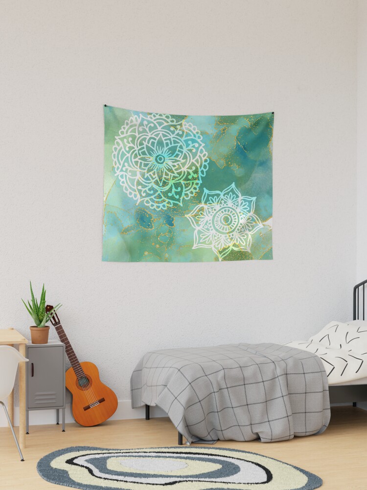 Thumbnail 1 of 3, Tapestry, Blue Green Mandalas on Abstract Alcohol Ink Art with Gold designed and sold by julieerindesign.
