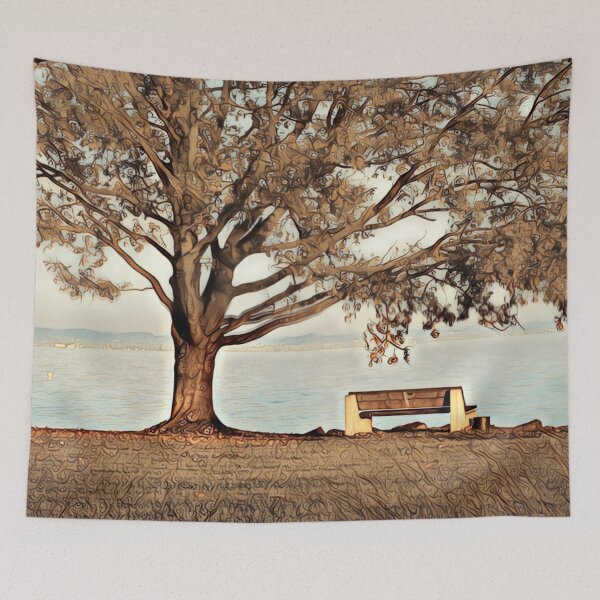 Item preview, Bench with tree by the lake, landscape in pencil sketch style designed and sold by crea-homedesign.