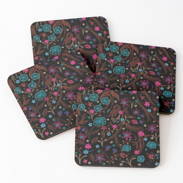Item preview, Green and pink flower garden on black background designed and sold by korasi.