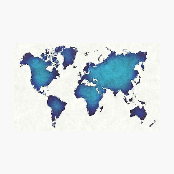 Item preview, World map with drawn lines and blue watercolor designed and sold by Ingo Menhard.