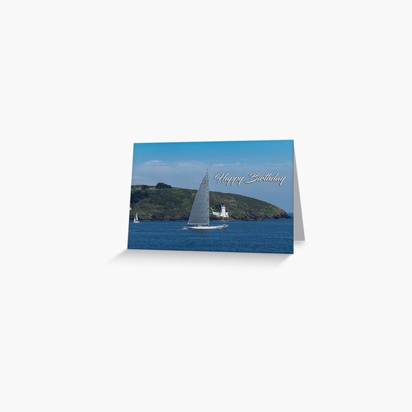 Artikel-Vorschau von J-Klasse Yacht The Ranger Geburtstagskarte mit Happy Birthday auf der Vorderseite, designt und verkauft von  Roscorla Photography.