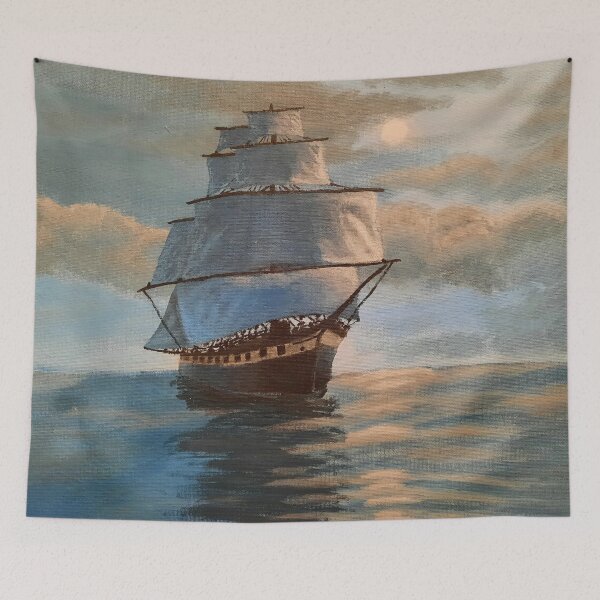 Item preview, Ship At Sea With Moonlight Hand Painting designed and sold by SarahJisri.
