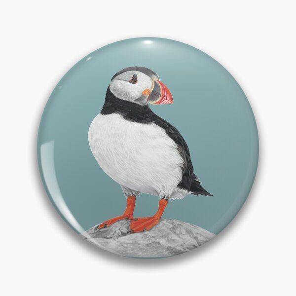 Item preview, Puffin pastel art grey background on moody blue background designed and sold by IslesArt.
