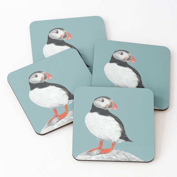 Item preview, Puffin pastel art grey background on moody blue background designed and sold by IslesArt.