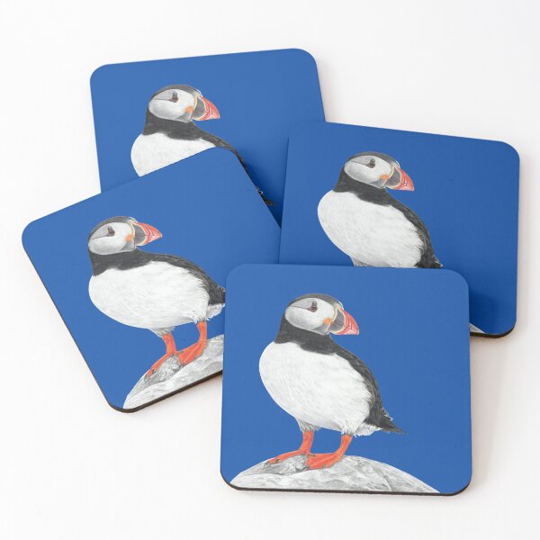 Item preview, Puffin pastel art grey background on blue background designed and sold by IslesArt.