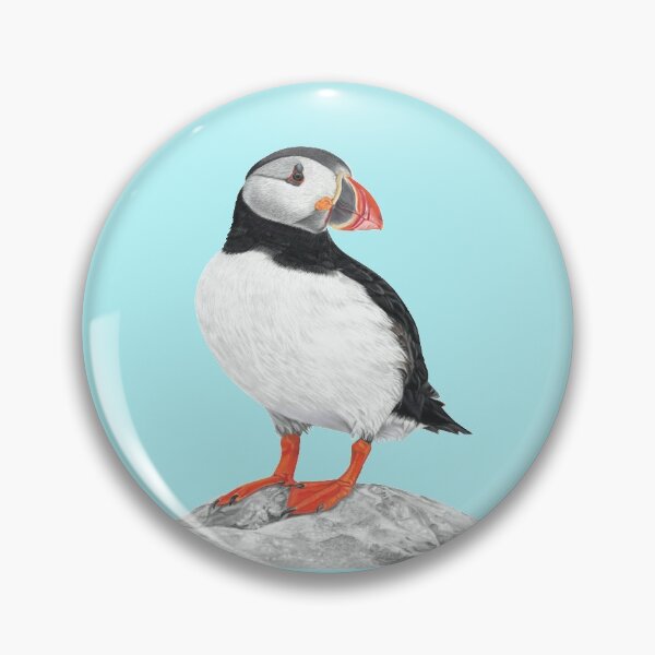 Item preview, Puffin pastel art grey background on sky blue background designed and sold by IslesArt.