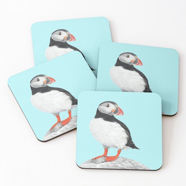 Item preview, Puffin pastel art grey background on sky blue background designed and sold by IslesArt.
