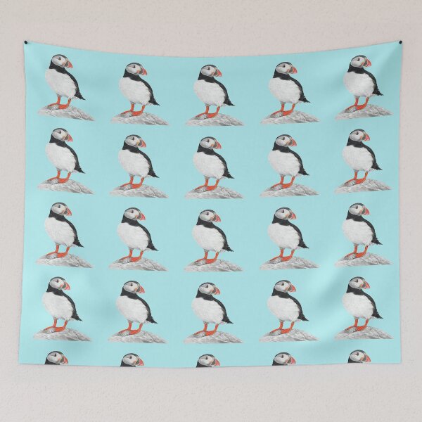 Item preview, Puffin pastel art grey background on sky blue background designed and sold by IslesArt.