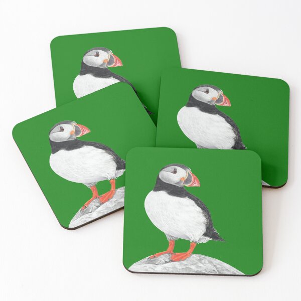 Item preview, Puffin pastel art grey background on green background designed and sold by IslesArt.