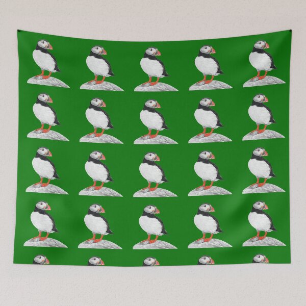 Item preview, Puffin pastel art grey background on green background designed and sold by IslesArt.