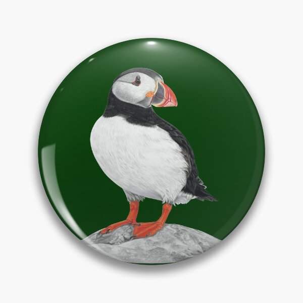 Item preview, Puffin pastel art grey background on dark green background designed and sold by IslesArt.