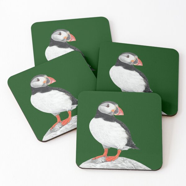 Item preview, Puffin pastel art grey background on dark green background designed and sold by IslesArt.