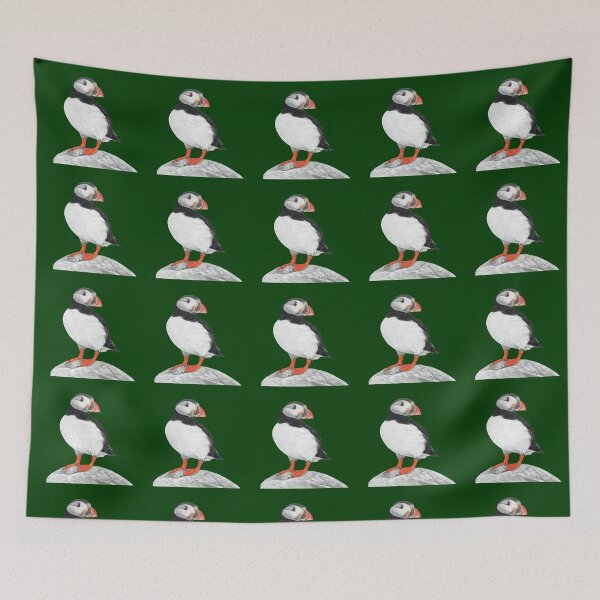 Item preview, Puffin pastel art grey background on dark green background designed and sold by IslesArt.