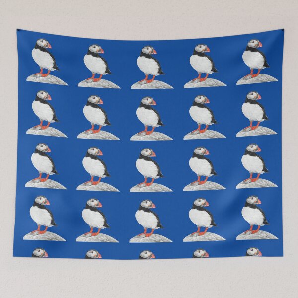 Item preview, Puffin pattern pastel art grey background on blue background designed and sold by IslesArt.