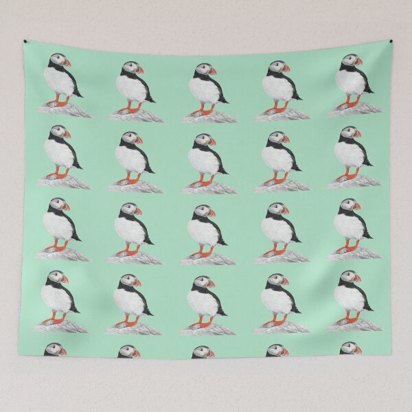 Item preview, Puffin pattern pastel art on mint background designed and sold by IslesArt.