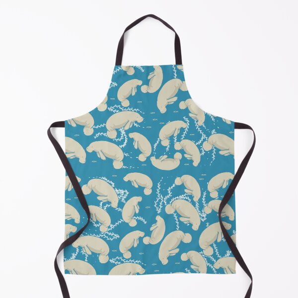 Lamentino the manatee pattern - lots and lots of manatees on teal blue background with yellow fishes and seaweeds Apron