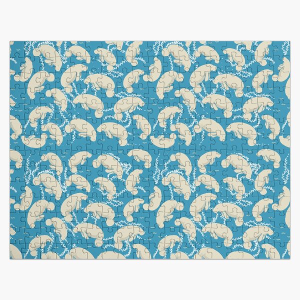 Lamentino the manatee pattern - lots and lots of manatees on teal blue background with yellow fishes and seaweeds Jigsaw Puzzle