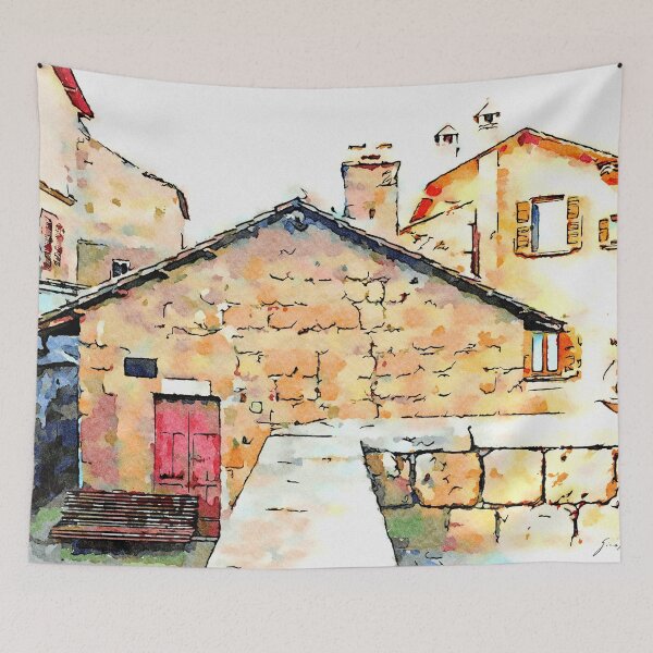 Item preview, Barbarano Romano: foreshortening with bench and red door designed and sold by Giuseppe Cocco.