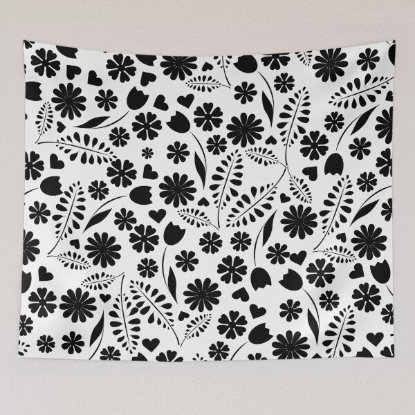 Item preview, Black and White Random Spring Flower Floral Leaves pattern designed and sold by BLMcreations.