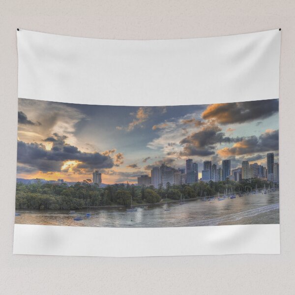 Item preview, Lower Brisbane, cityscape, Australia, Brisbane city, Brisbane river, sunset, city sunset, evening sky designed and sold by Ransyn Art.