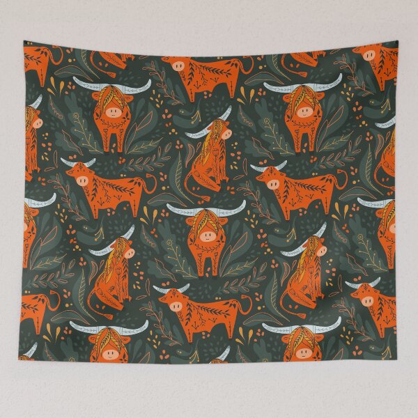 Item preview, Cute cartoon bulls and bison with folk pattern on green background designed and sold by Veleri.