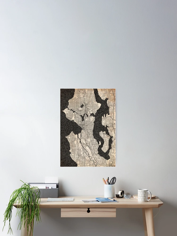 Aperçu 2 sur 3. Poster avec l'œuvre SEATTLE map Washington Ink lines 2 créée et vendue par InkMaps.